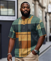 Big & Tall Men's Green And Yellow Geometric Plaid Printed Henry Collar Button Short Sleeve T-Shirt